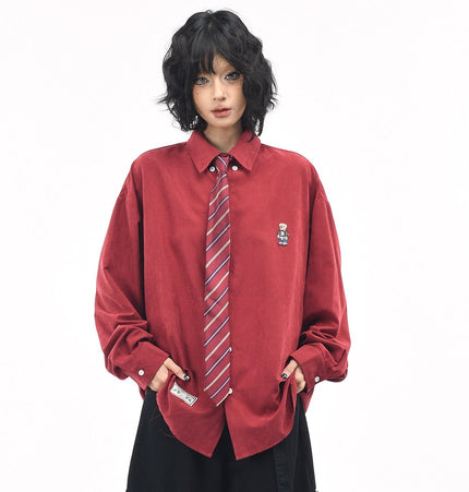 TALKLESSFASHION OV original cartoon bear embroidery collegiate style tie long sleeve shirt women's autumn loose casual versatile shirt men