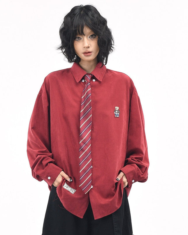 TALKLESSFASHION OV original cartoon bear embroidery collegiate style tie long sleeve shirt women's autumn loose casual versatile shirt men