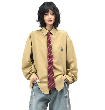 TALKLESSFASHION OV original cartoon bear embroidery collegiate style tie long sleeve shirt women's autumn loose casual versatile shirt men