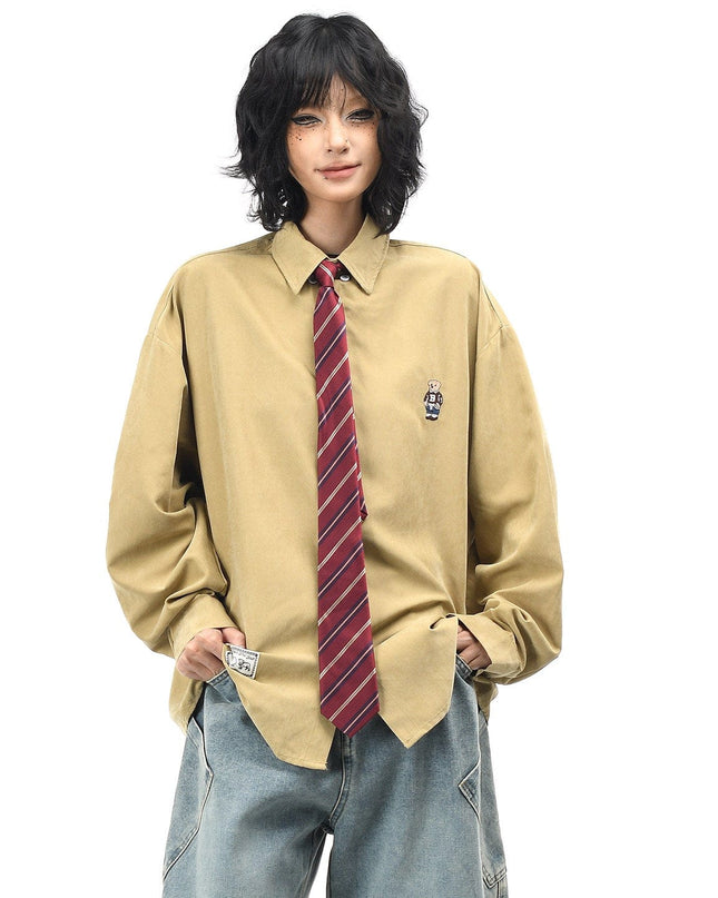 TALKLESSFASHION OV original cartoon bear embroidery collegiate style tie long sleeve shirt women's autumn loose casual versatile shirt men