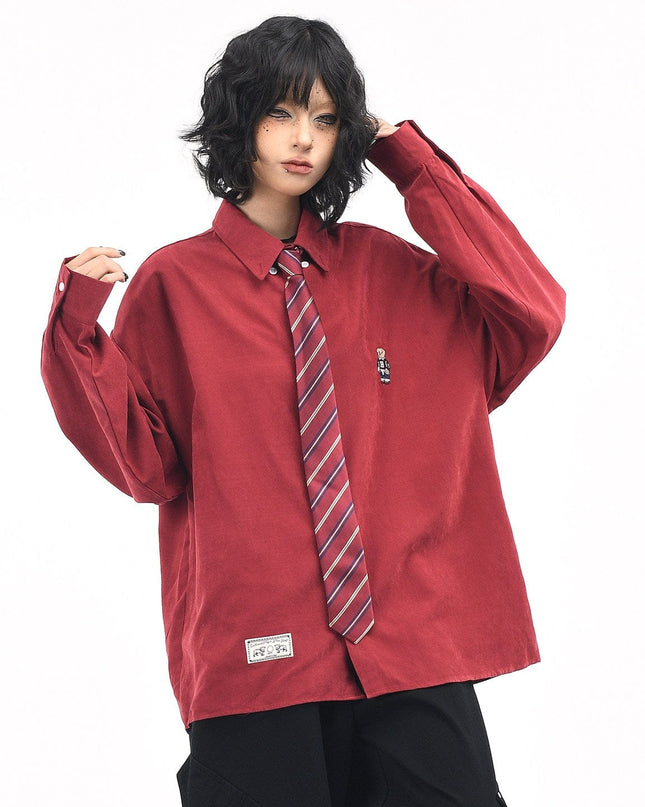 TALKLESSFASHION OV original cartoon bear embroidery collegiate style tie long sleeve shirt women's autumn loose casual versatile shirt men