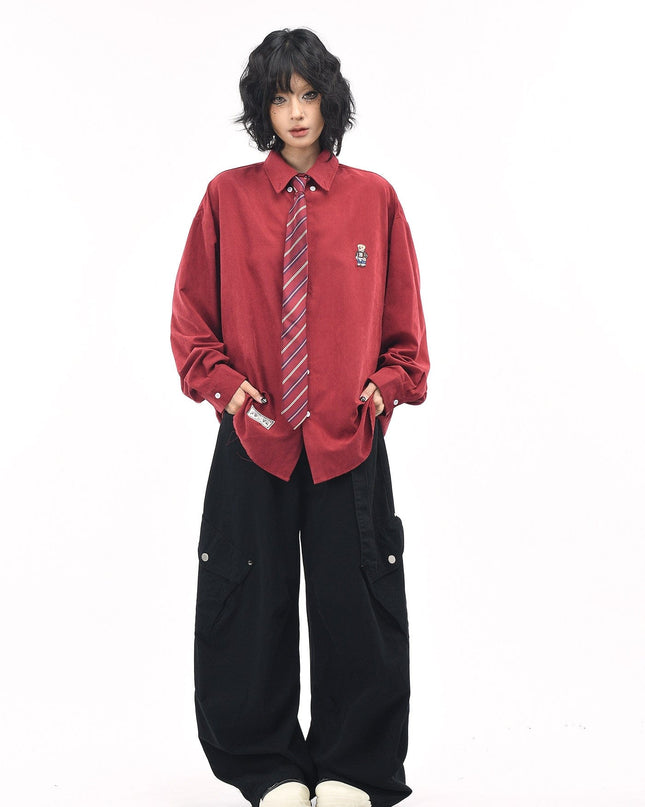 TALKLESSFASHION OV original cartoon bear embroidery collegiate style tie long sleeve shirt women's autumn loose casual versatile shirt men