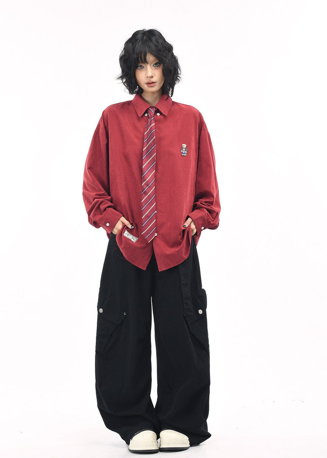 TALKLESSFASHION OV original cartoon bear embroidery collegiate style tie long sleeve shirt women's autumn loose casual versatile shirt men