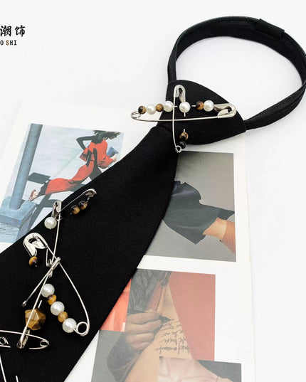 TALKLESSFASHION Pearl Tiger's Eye Tie - Black Le Chao pearl tiger eye tie