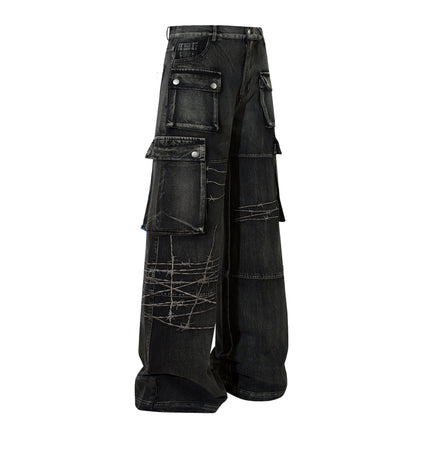 TALKLESSFASHION Picture Color / L Embroidery RockTrail Explorer Jeans—7316