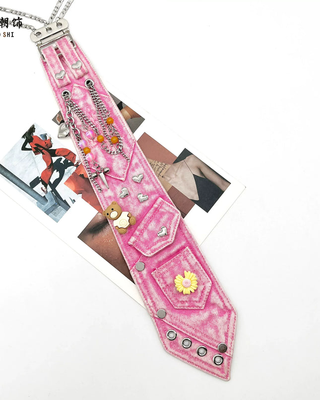TALKLESSFASHION Pink Denim Tie (In stock) Lechao  pink denim tie
