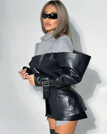 TALKLESSFASHION PU Leather Spliced Blazer Jacket