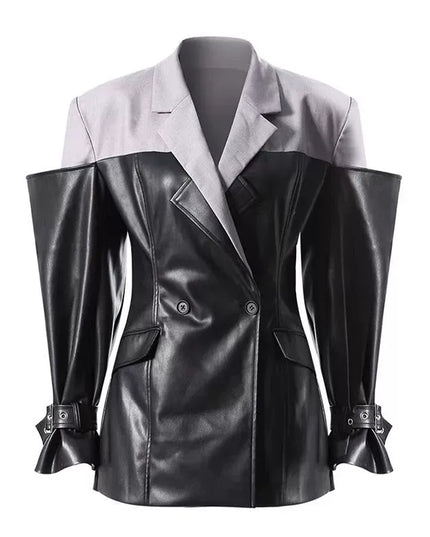 TALKLESSFASHION PU Leather Spliced Blazer Jacket