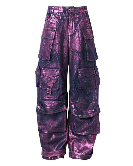 TALKLESSFASHION Purple Bronzing Wide-Leg Cargo Jeans