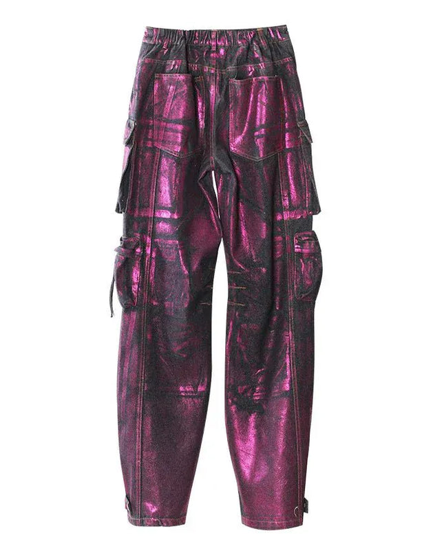 TALKLESSFASHION Purple Bronzing Wide-Leg Cargo Jeans