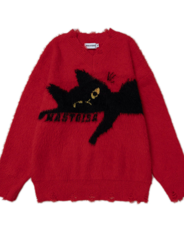 TALKLESSFASHION Red / L Retro Sleeping Cat Sweater—1811