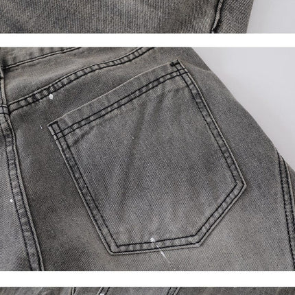 TALKLESSFASHION Retro washed distressed gray ink-splashed cutter jeans, men's and women's trendy brand American street design sense loose pants