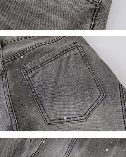 TALKLESSFASHION Retro washed distressed gray ink-splashed cutter jeans, men's and women's trendy brand American street design sense loose pants
