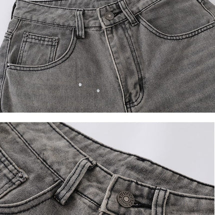 TALKLESSFASHION Retro washed distressed gray ink-splashed cutter jeans, men's and women's trendy brand American street design sense loose pants