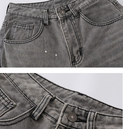 THETLSTUDIO Retro washed distressed gray ink-splashed cutter jeans, men's and women's trendy brand American street design sense loose pants