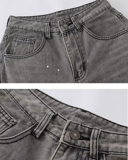 TALKLESSFASHION Retro washed distressed gray ink-splashed cutter jeans, men's and women's trendy brand American street design sense loose pants
