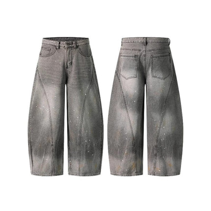 TALKLESSFASHION Retro washed distressed gray ink-splashed cutter jeans, men's and women's trendy brand American street design sense loose pants