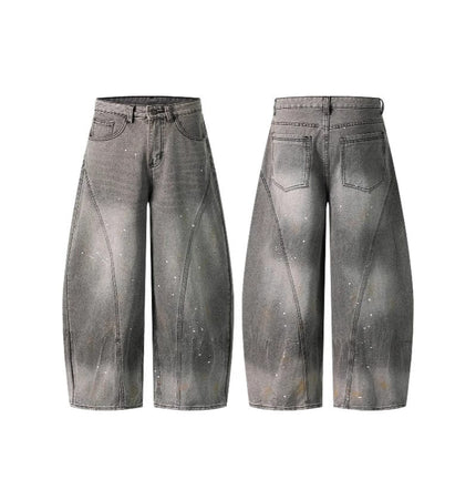 THETLSTUDIO Retro washed distressed gray ink-splashed cutter jeans, men's and women's trendy brand American street design sense loose pants