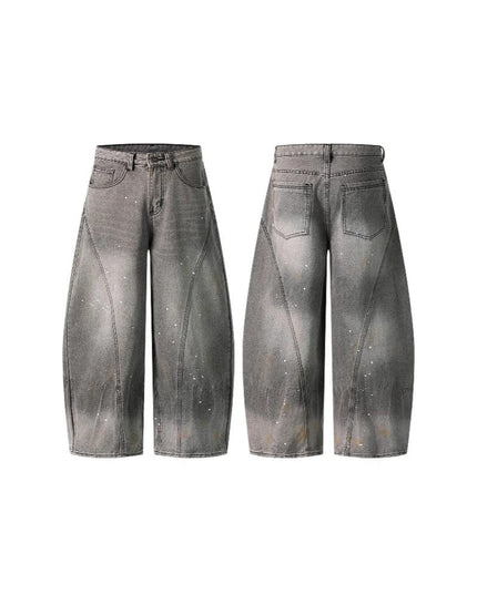 TALKLESSFASHION Retro washed distressed gray ink-splashed cutter jeans, men's and women's trendy brand American street design sense loose pants