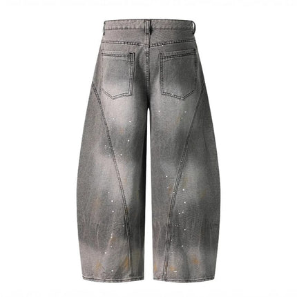 TALKLESSFASHION Retro washed distressed gray ink-splashed cutter jeans, men's and women's trendy brand American street design sense loose pants