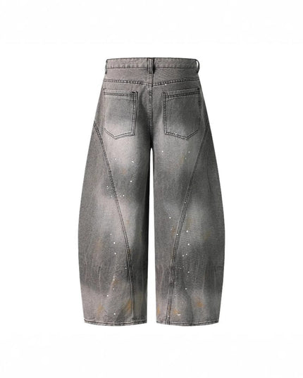 TALKLESSFASHION Retro washed distressed gray ink-splashed cutter jeans, men's and women's trendy brand American street design sense loose pants