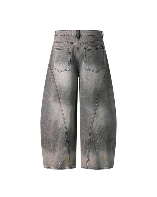 TALKLESSFASHION Retro washed distressed gray ink-splashed cutter jeans, men's and women's trendy brand American street design sense loose pants