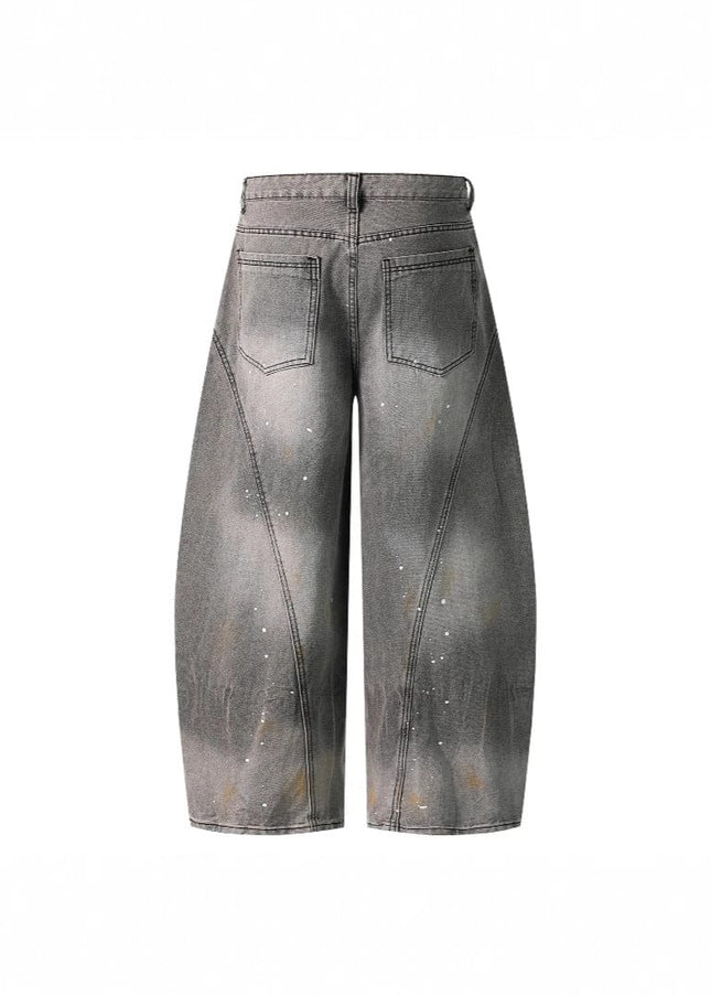 TALKLESSFASHION Retro washed distressed gray ink-splashed cutter jeans, men's and women's trendy brand American street design sense loose pants