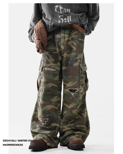 TALKLESSFASHION Ripped Camouflage cargo Pants—6799