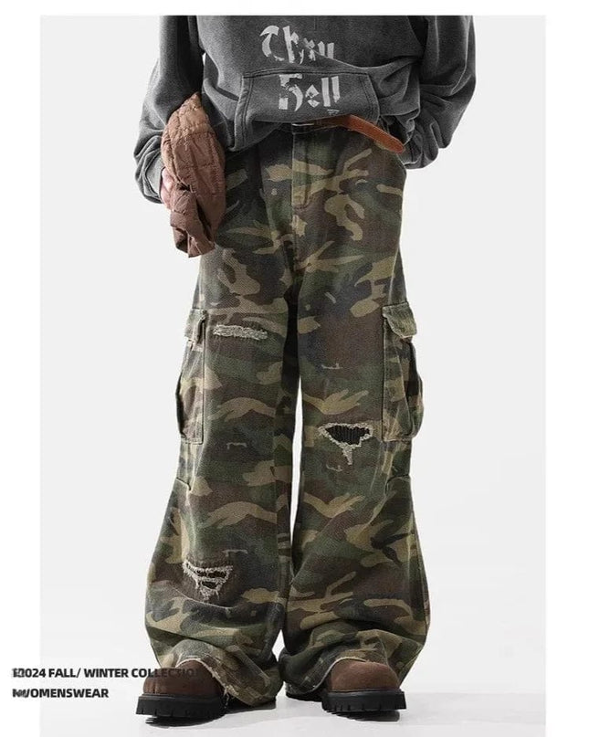 TALKLESSFASHION Ripped Camouflage cargo Pants—6799