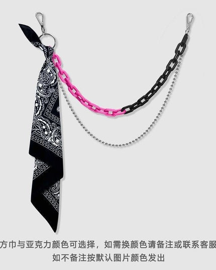 TALKLESSFASHION Rose red and black color blocking + black scarf hip hop pants chain accessoriesins