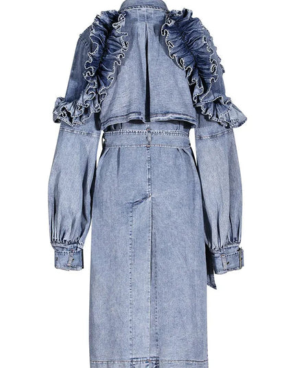 TALKLESSFASHION Ruffled Denim Long Trench Coat