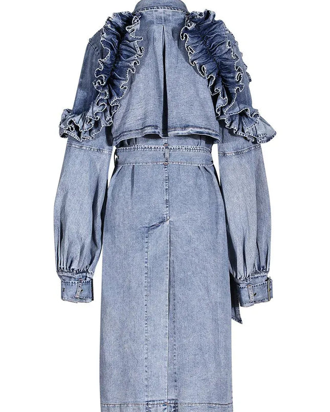 TALKLESSFASHION Ruffled Denim Long Trench Coat
