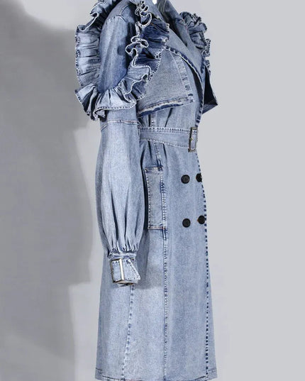 TALKLESSFASHION Ruffled Denim Long Trench Coat