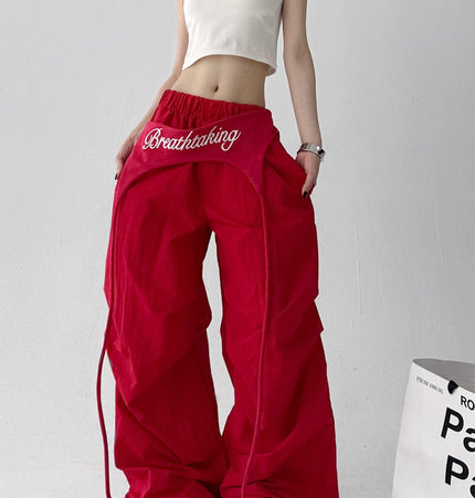 TALKLESSFASHION S / 1268 Slacks - Red American trend wide-leg pants, women's butt curtain layered strap-on design, hip-hop jazz retro casual loose scimitar pants trend