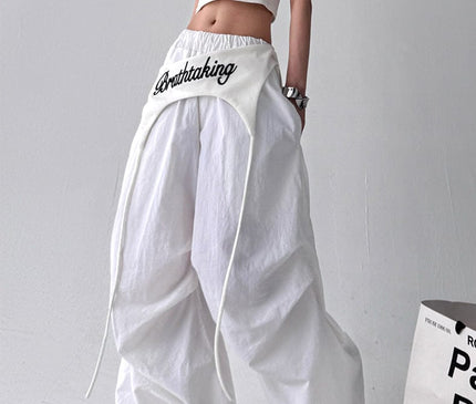 TALKLESSFASHION S / 1268 Slacks - White American trend wide-leg pants, women's butt curtain layered strap-on design, hip-hop jazz retro casual loose scimitar pants trend