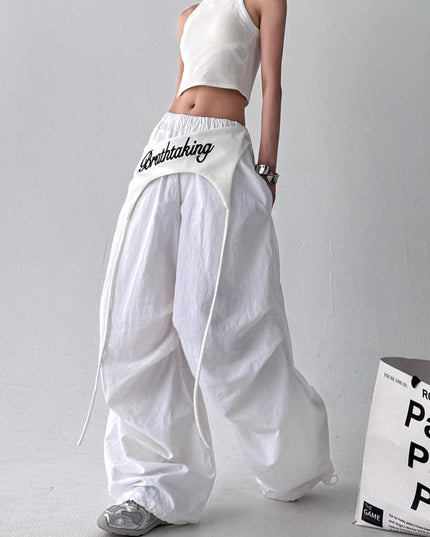 TALKLESSFASHION S / 1268 Slacks - White American trend wide-leg pants, women's butt curtain layered strap-on design, hip-hop jazz retro casual loose scimitar pants trend