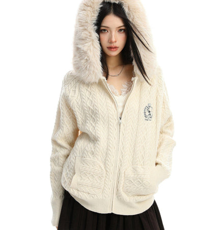TALKLESSFASHION S / apricot BIGGOLD Christmas and New Year fur collar hooded red sweater women's autumn and winter atmosphere warm knitted cardigan top