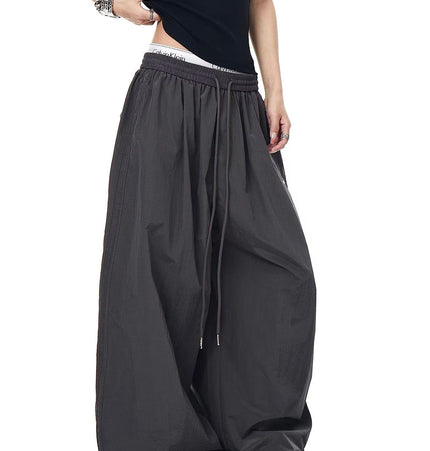 TALKLESSFASHION S / B3079 Slacks - Grey Drawstring pleats, quick-drying paratrooper pants, women's summer loose drape, wide-leg pants, hip-hop, American vintage jazz dance, scimitar pants