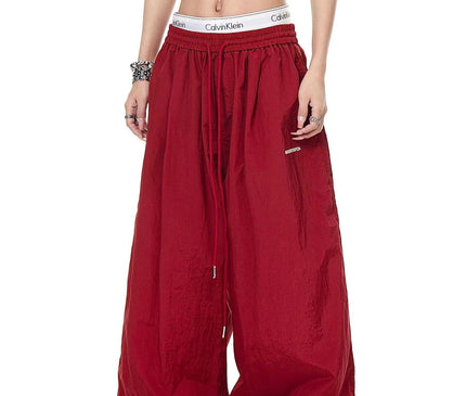 TALKLESSFASHION S / B3079 Slacks - Red Drawstring pleats, quick-drying paratrooper pants, women's summer loose drape, wide-leg pants, hip-hop, American vintage jazz dance, scimitar pants