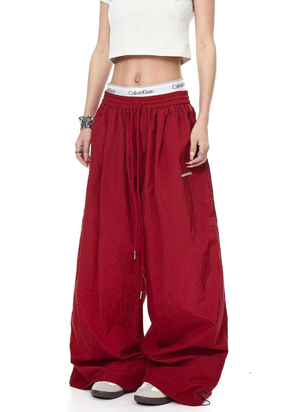 THETLSTUDIO S / B3079 Slacks - Red Drawstring pleats, quick-drying paratrooper pants, women's summer loose drape, wide-leg pants, hip-hop, American vintage jazz dance, scimitar pants