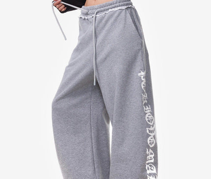 TALKLESSFASHION S / B3108 Slacks - Grey Vintage American Letter Print Scimitar Sweatpants Women's Trendy Sports Jazz Dance Street Loose Drape Wide-leg Pants