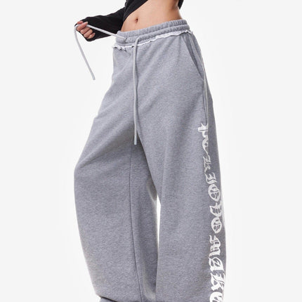TALKLESSFASHION S / B3108 Slacks - Grey Vintage American Letter Print Scimitar Sweatpants Women's Trendy Sports Jazz Dance Street Loose Drape Wide-leg Pants