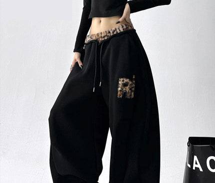 TALKLESSFASHION S / B3112 Slacks - Black American vintage plush leopard print embroidered spliced wide-leg casual sweatpants Jazz dance sporty loose scimitar pants
