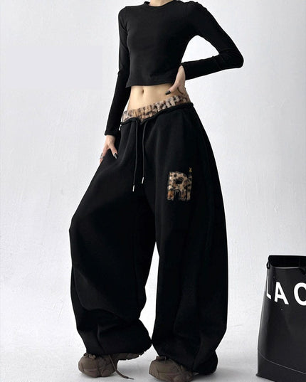 TALKLESSFASHION S / B3112 Slacks - Black American vintage plush leopard print embroidered spliced wide-leg casual sweatpants Jazz dance sporty loose scimitar pants