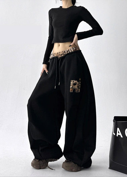 THETLSTUDIO S / B3112 Slacks - Black American vintage plush leopard print embroidered spliced wide-leg casual sweatpants Jazz dance sporty loose scimitar pants