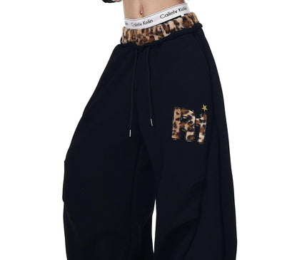 TALKLESSFASHION S / B3112 Slacks - Black Vintage plush leopard print embroidered patch paneled wide-leg sweatpants women's loose casual hip hop jazz dance scimitar pants