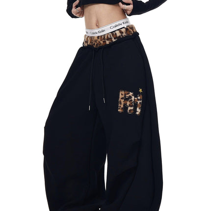 TALKLESSFASHION S / B3112 Slacks - Black Vintage plush leopard print embroidered patch paneled wide-leg sweatpants women's loose casual hip hop jazz dance scimitar pants