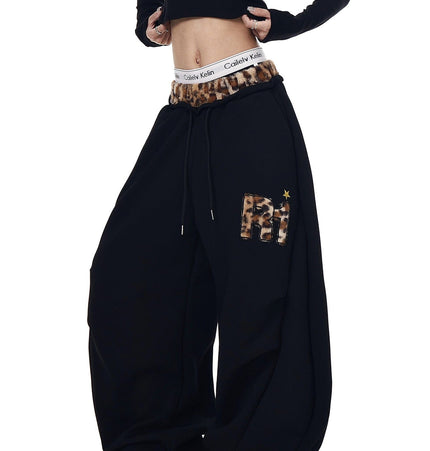 TALKLESSFASHION S / B3112 Slacks - Black Vintage plush leopard print embroidered patch paneled wide-leg sweatpants women's loose casual hip hop jazz dance scimitar pants