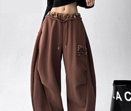TALKLESSFASHION S / B3112 Slacks - Brown American vintage plush leopard print embroidered spliced wide-leg casual sweatpants Jazz dance sporty loose scimitar pants