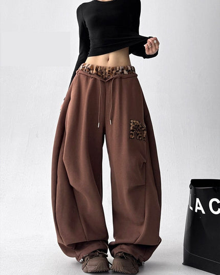 TALKLESSFASHION S / B3112 Slacks - Brown American vintage plush leopard print embroidered spliced wide-leg casual sweatpants Jazz dance sporty loose scimitar pants